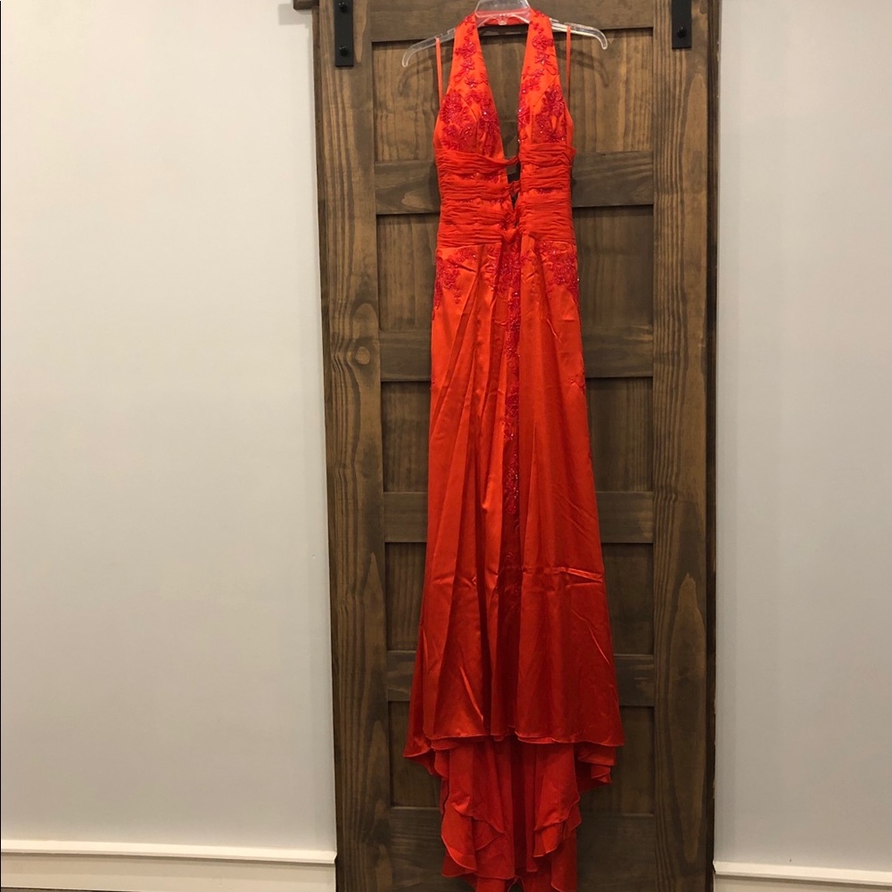 Sean Couture Red Beaded Plunge Formal Prom Dress